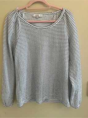 LOFT Striped Textured Long Sleeve Top - White & Navy